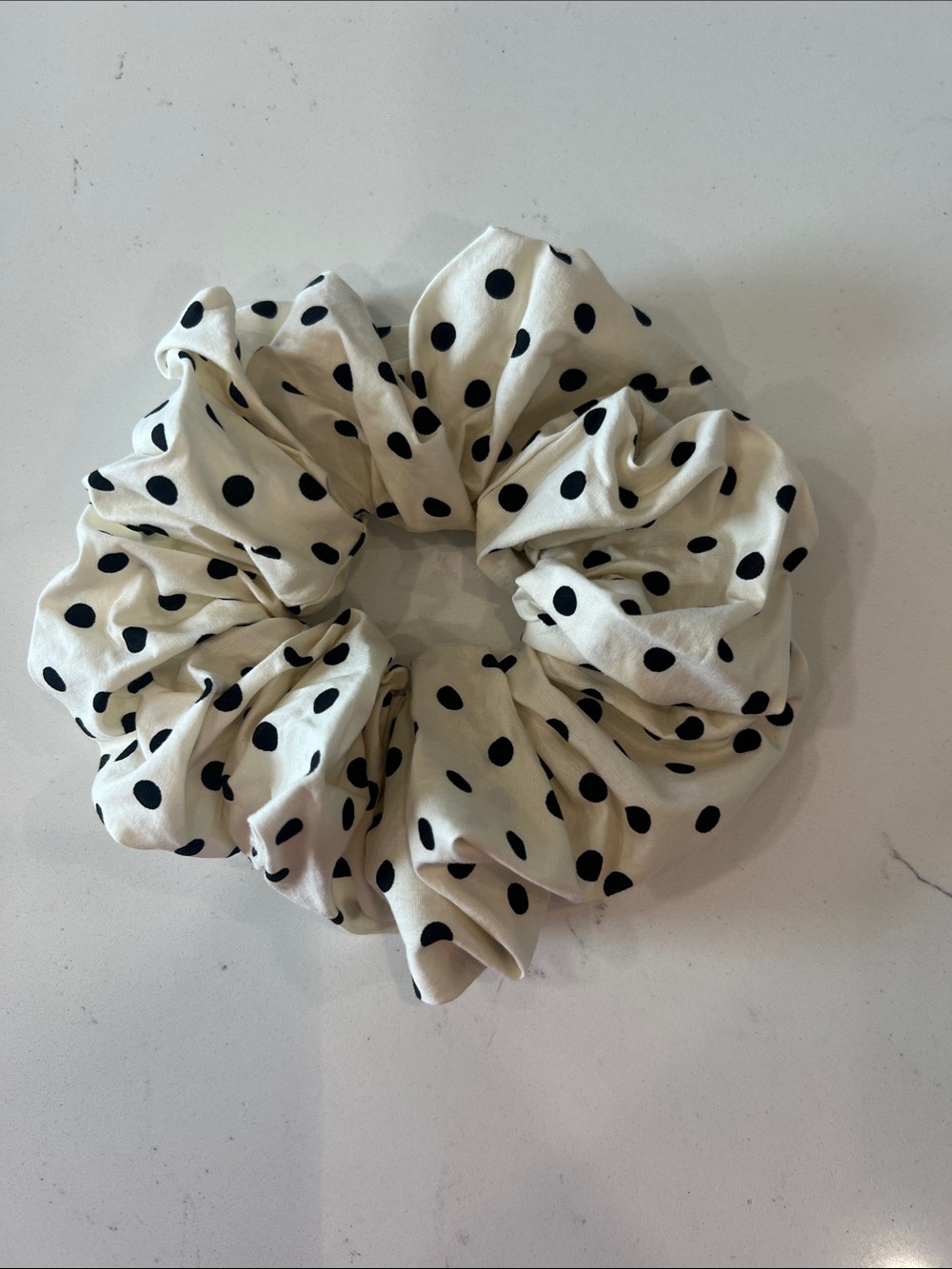 White Polka Dot Scrunchie Hair Tie - Classic Black Dot Pattern